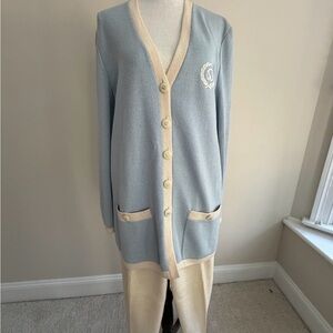 St. John Light Blue and Beige Cardigan and Cream Pants